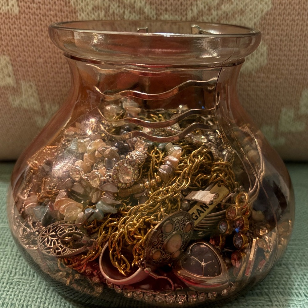 Large Glass Jar filled with Dainty Jewelry